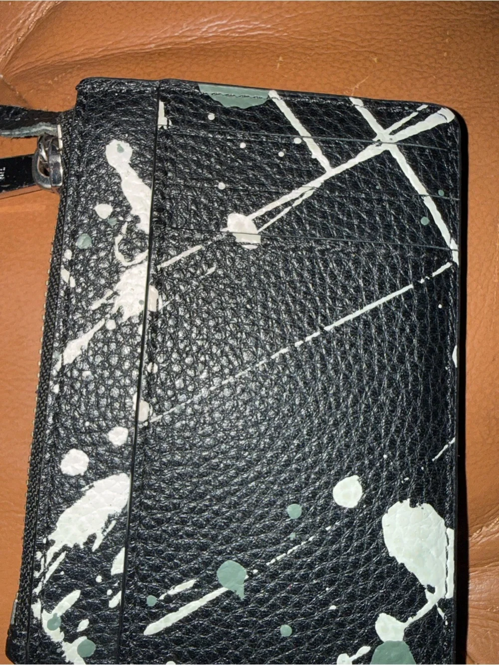 Marc Jacobs Black Leather Card Case with Mint and White Paint Splatter